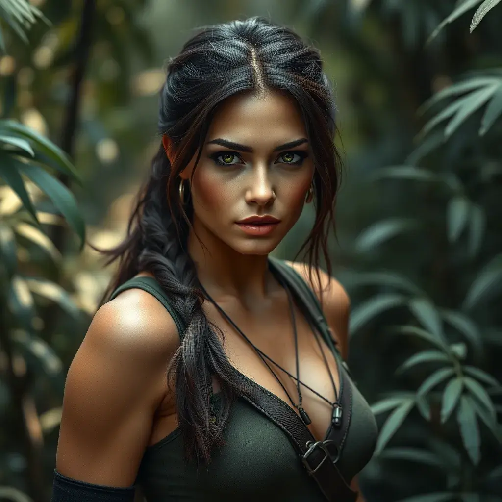 Alluring full body matte portrait of a beautiful Lara Croft in the jungle ready for another adventure, 8k, Highly Detailed, Intricate, Photo Realistic, Sharp Focus, Volumetric Lighting, Fantasy, Elegant