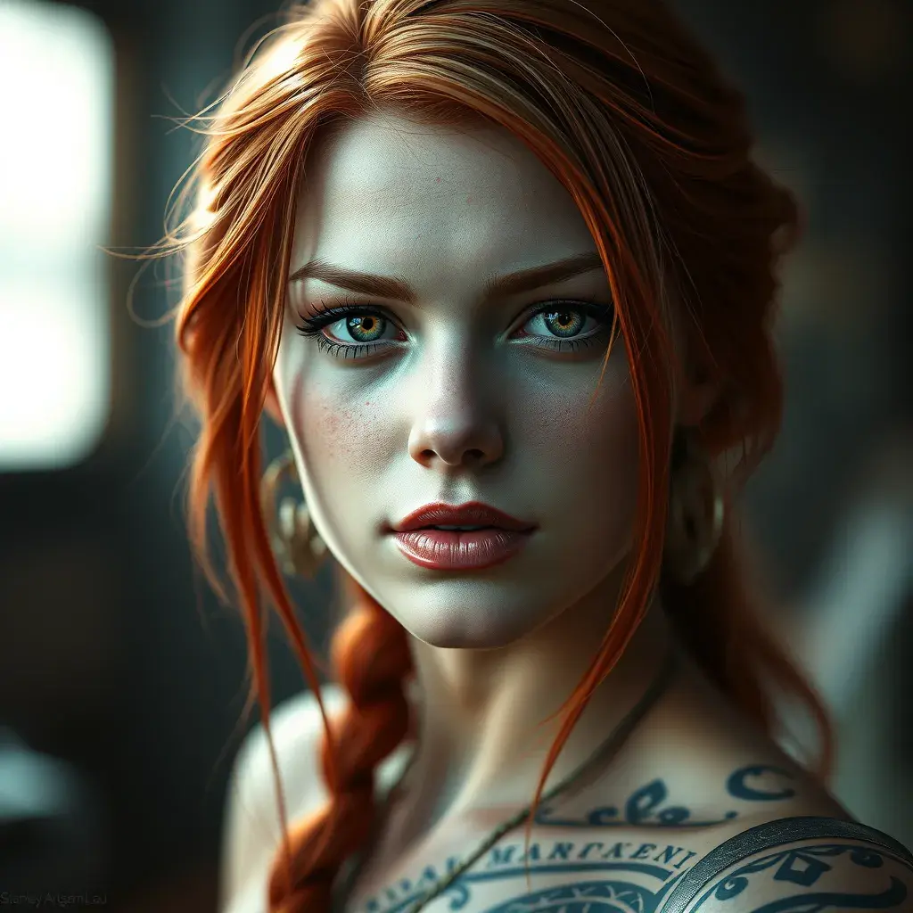 Close up of a red haired Sarah Kerrigan with tattoos, 8k, Highly Detailed, Artstation, Bokeh effect, Sharp Focus, Volumetric Lighting, Concept Art by Stanley Artgerm Lau, Greg Rutkowski