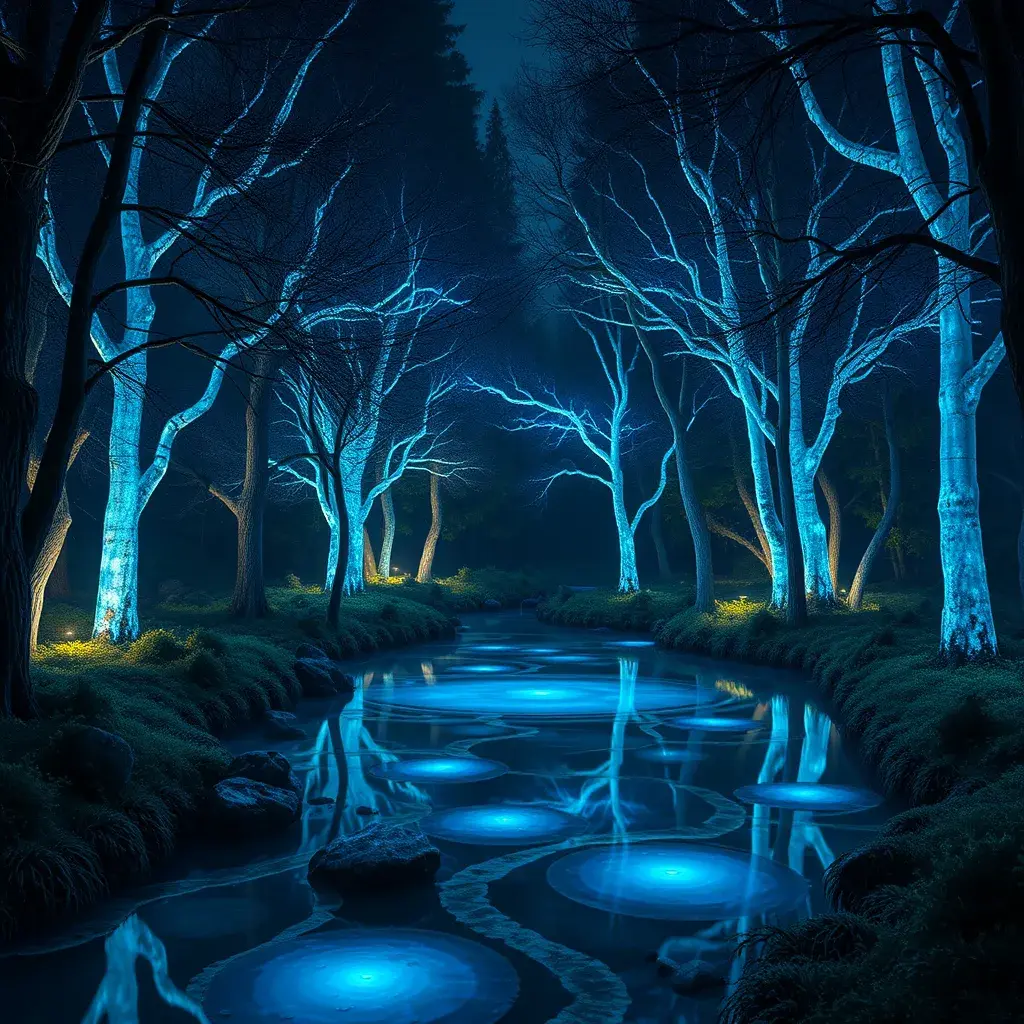 A magical pond in a fantasy forest with glowing blue trees at night, 4k, HQ, Intricate, Artstation, Cinematic Lighting, Photo Realistic, Sharp Focus, Unreal Engine, Dark