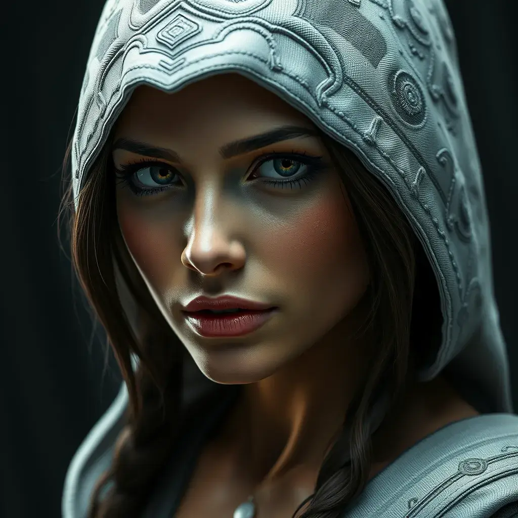 Matte portrait of a beautiful Lara Croft in white Assassin's Creed style, 8k, Highly Detailed, Intricate, Realistic, Sharp Focus, Volumetric Lighting, Fantasy, Elegant by Stanley Artgerm Lau, WLOP, Stefan Kostic