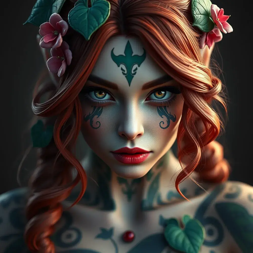 Matte portrait of a tattooed Poison Ivy, symmetrical face, 8k, Highly Detailed, Intricate, Artstation, Sharp Focus, Volumetric Lighting, Concept Art by Stanley Artgerm Lau, Greg Rutkowski