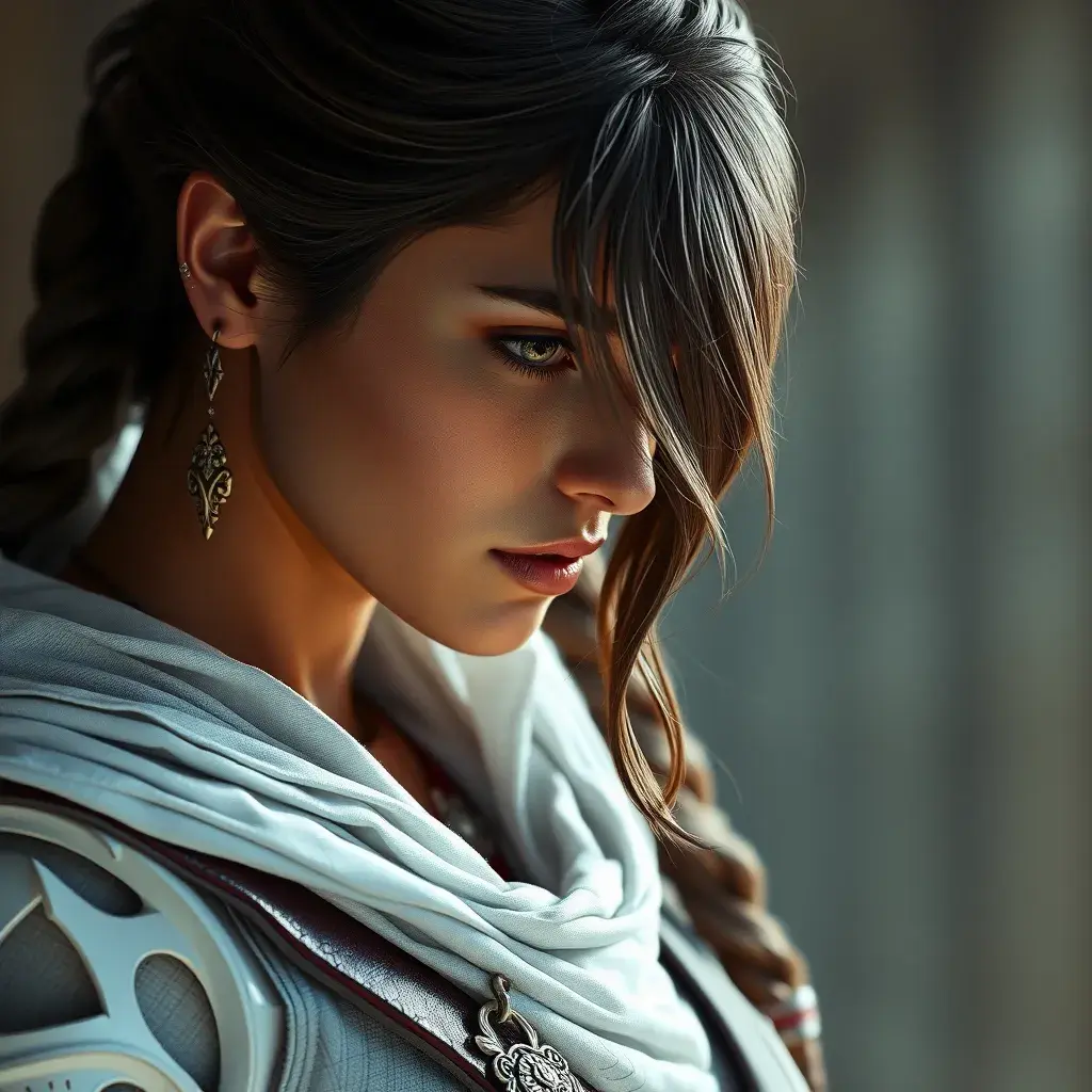 A beautiful Kassandra in white Assassin's Creed style, 8k, Highly Detailed, Intricate, Half Body, Realistic, Sharp Focus, Volumetric Lighting, Fantasy, Elegant