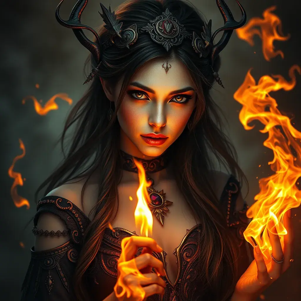 Alluring highly detailed matte portrait of a beautiful fire sorceress in the style of Stefan Kostic, 8k, High Definition, Highly Detailed, Intricate, Half Body, Realistic, Sharp Focus, Fantasy, Elegant