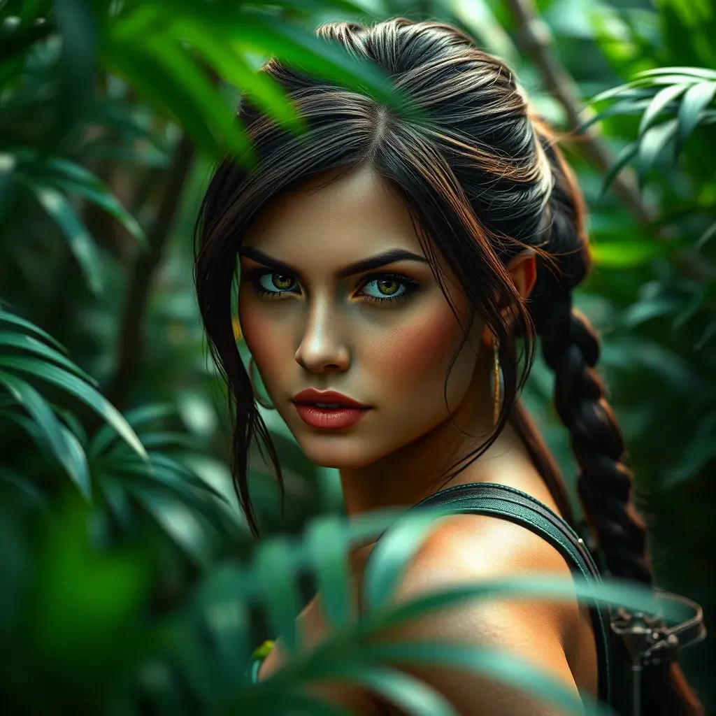 Matte portrait of the beautiful Lara Croft in a green jungle, 8k, Highly Detailed, Intricate, Realistic, Sharp Focus, Volumetric Lighting, Fantasy, Elegant by Stanley Artgerm Lau, WLOP, Stefan Kostic