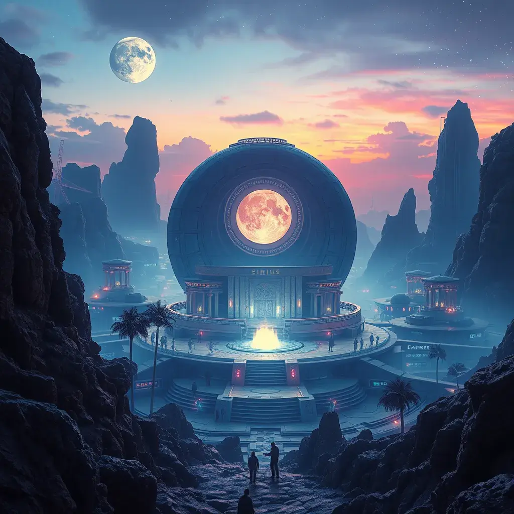 Cosmic round beautiful indigo temple in the center of a futuristic community. Extraterrestrial landscape. Planet sirius. The moon and stars can be seen in the sky even during the day., Sci-Fi, Volumetric Lighting, Vibrant Colors by Greg Rutkowski