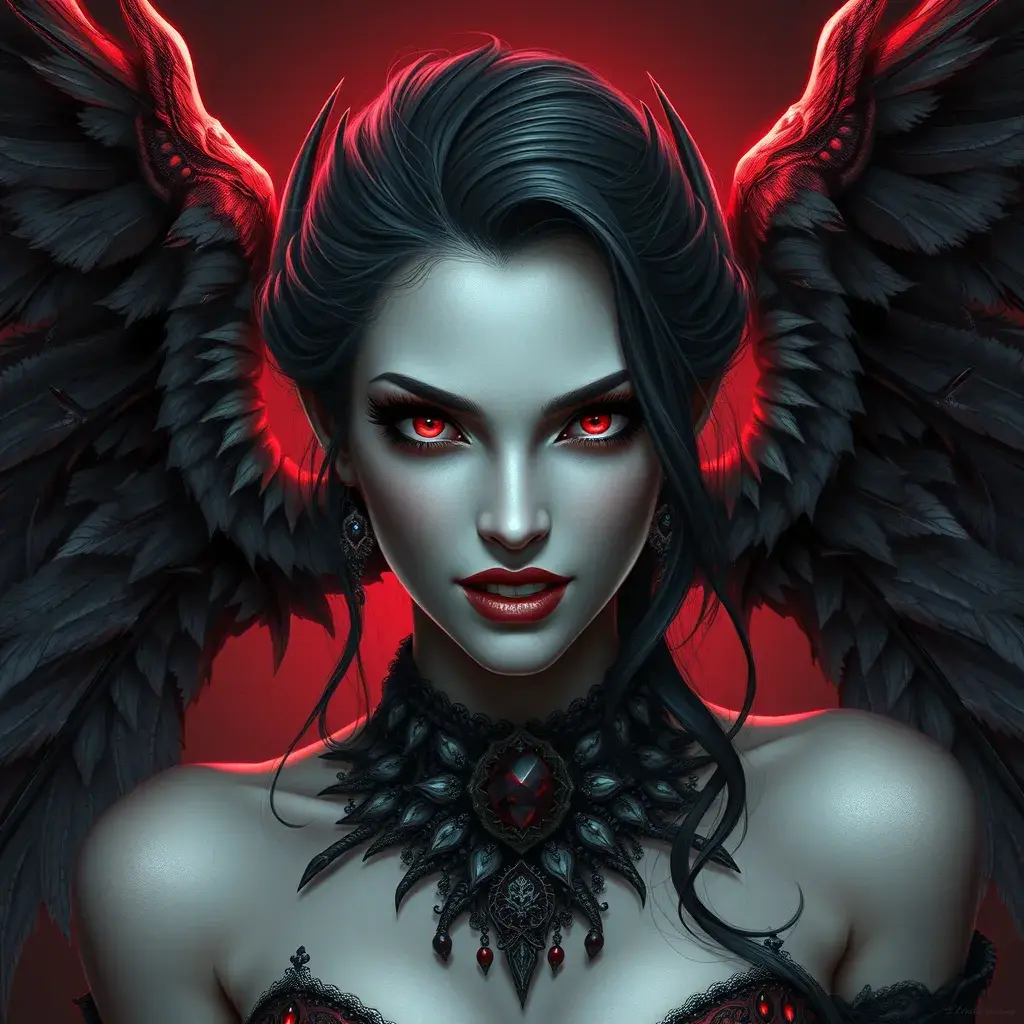 A beautiful winged romanian vampire woman with bright red eyes, fangs, perfect face, Hyper Detailed, Intricate Details, Masterpiece, Full Body, Gothic, Deviantart, Concept Art