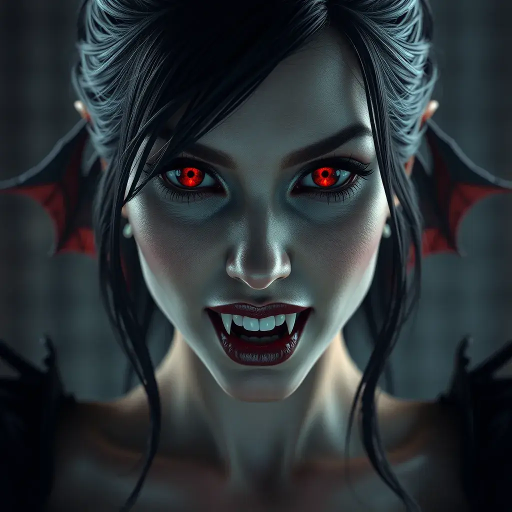 A beautiful romanian vampire woman with penetrating red bright eyes, long fangs, perfect face, 8k, Hyper Detailed, Intricate Details, Masterpiece, Contemporary, Full Body, Trending on Artstation, Gothic, Deviantart, Concept Art by Stefan Kostic