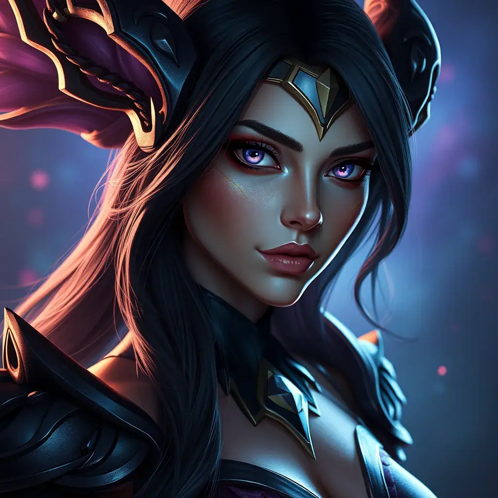 Alluring portrait of a beautiful Morgana from League of Legends, Highly Detailed, Half Body, Realistic, Volumetric Lighting by Stefan Kostic