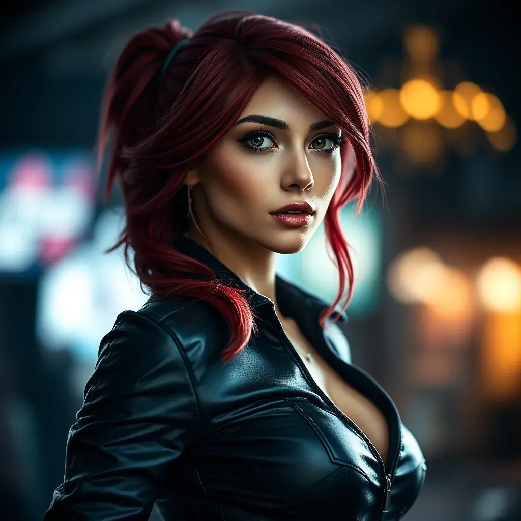 Alluring matte portrait of a beautiful Katarina from League of Legends in leather, Highly Detailed, Full Body, Bokeh effect, Photo Realistic, Sharp Focus by Stefan Kostic