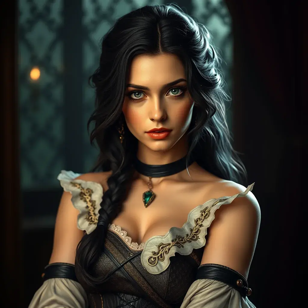 Alluring full body portrait of a beautiful Yennefer in Witcher 3 style, 8k, Highly Detailed, Intricate, Photo Realistic, Sharp Focus, Volumetric Lighting, Fantasy, Elegant