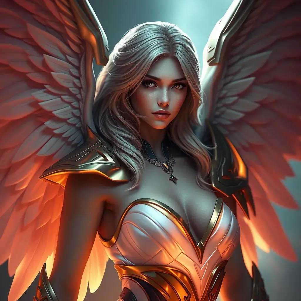 Alluring portrait of an angelic winged Kayle from League of Legends, Highly Detailed, Half Body, Photo Realistic, Sharp Focus, Octane Render, Unreal Engine, Volumetric Lighting, Fantasy