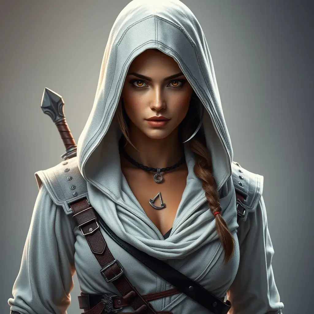 Alluring full body portrait of a beautiful Kassandra in white Assassin Creed style, 8k, Highly Detailed, Intricate, Photo Realistic, Sharp Focus, Volumetric Lighting, Fantasy, Elegant