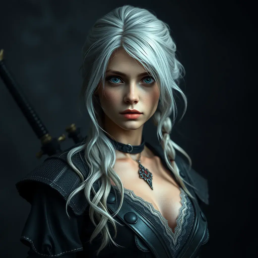 Alluring full body portrait of a beautiful Ciri from the Witcher 3 in black, 8k, Highly Detailed, Intricate, Photo Realistic, Sharp Focus, Volumetric Lighting, Fantasy, Elegant