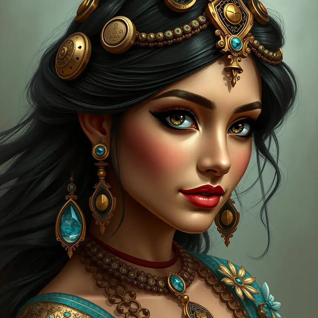 Steampunk portrait of Princess Jasmine, Highly Detailed, Intricate, Artstation, Beautiful, Digital Painting, Sharp Focus, Concept Art, Elegant