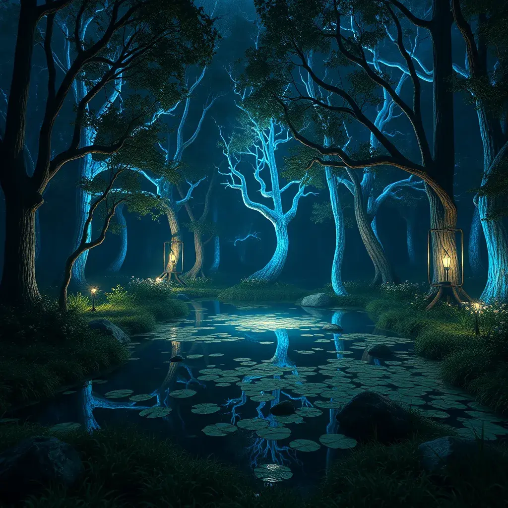 A magical pond in a fantasy forest with glowing blue trees at night, 4k, HQ, Intricate, Artstation, Cinematic Lighting, Photo Realistic, Sharp Focus, Unreal Engine, Dark