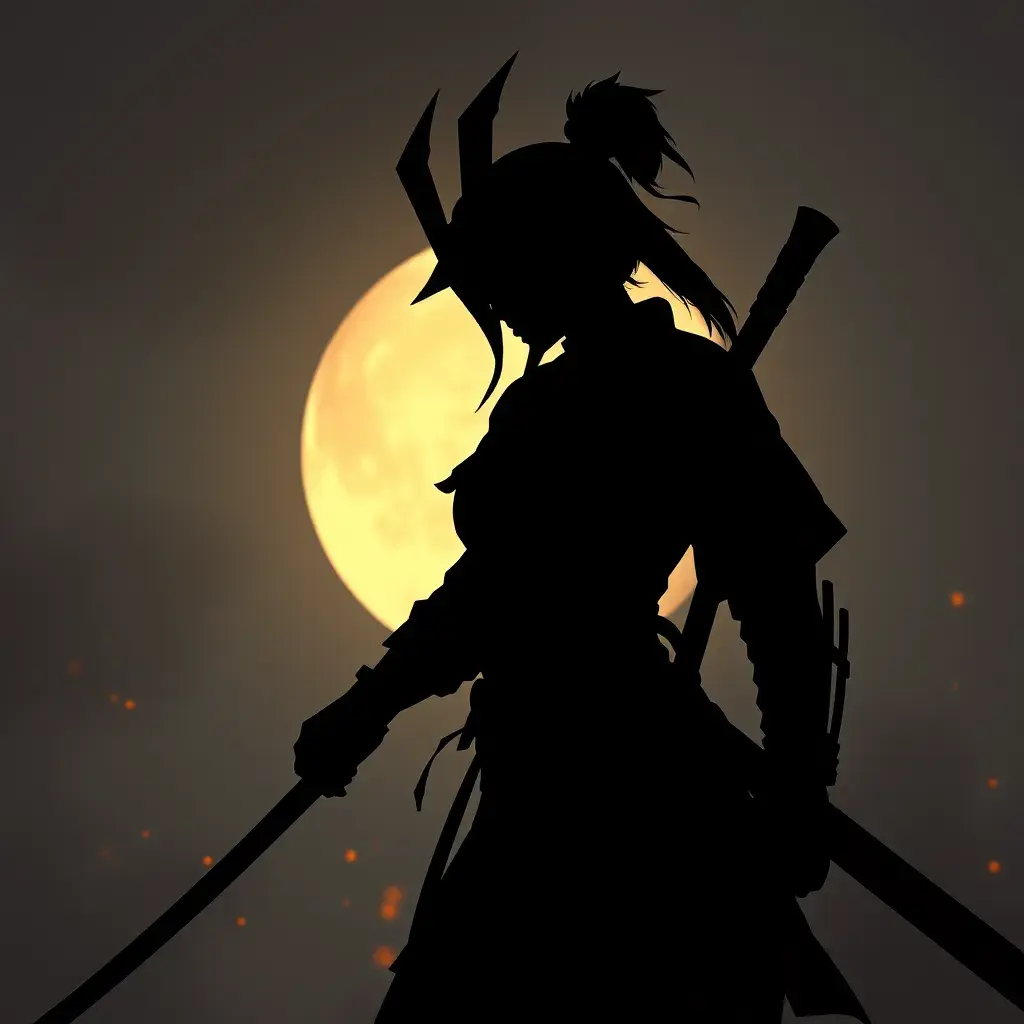 Silhouette of a samurai female assassin in the style of Fire watch, 8k, Dystopian, Trending on Artstation, Volumetric Lighting