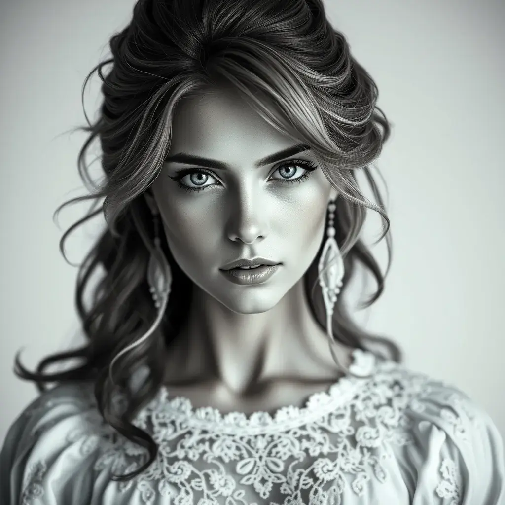 Alluring black and white matte portrait of a beautiful Ciri with a white background in a white dress, 8k, Highly Detailed, Intricate, Half Body, Realistic, Sharp Focus, Volumetric Lighting, Fantasy, Elegant by Stanley Artgerm Lau