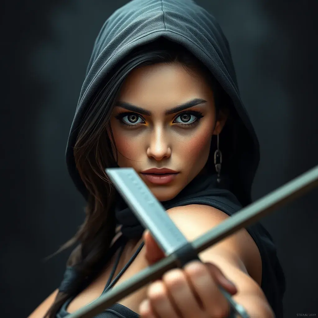 Matte portrait of the beautiful Lara Croft as a ninja, 8k, Highly Detailed, Intricate, Realistic, Sharp Focus, Volumetric Lighting, Fantasy, Elegant by Stanley Artgerm Lau, WLOP, Stefan Kostic