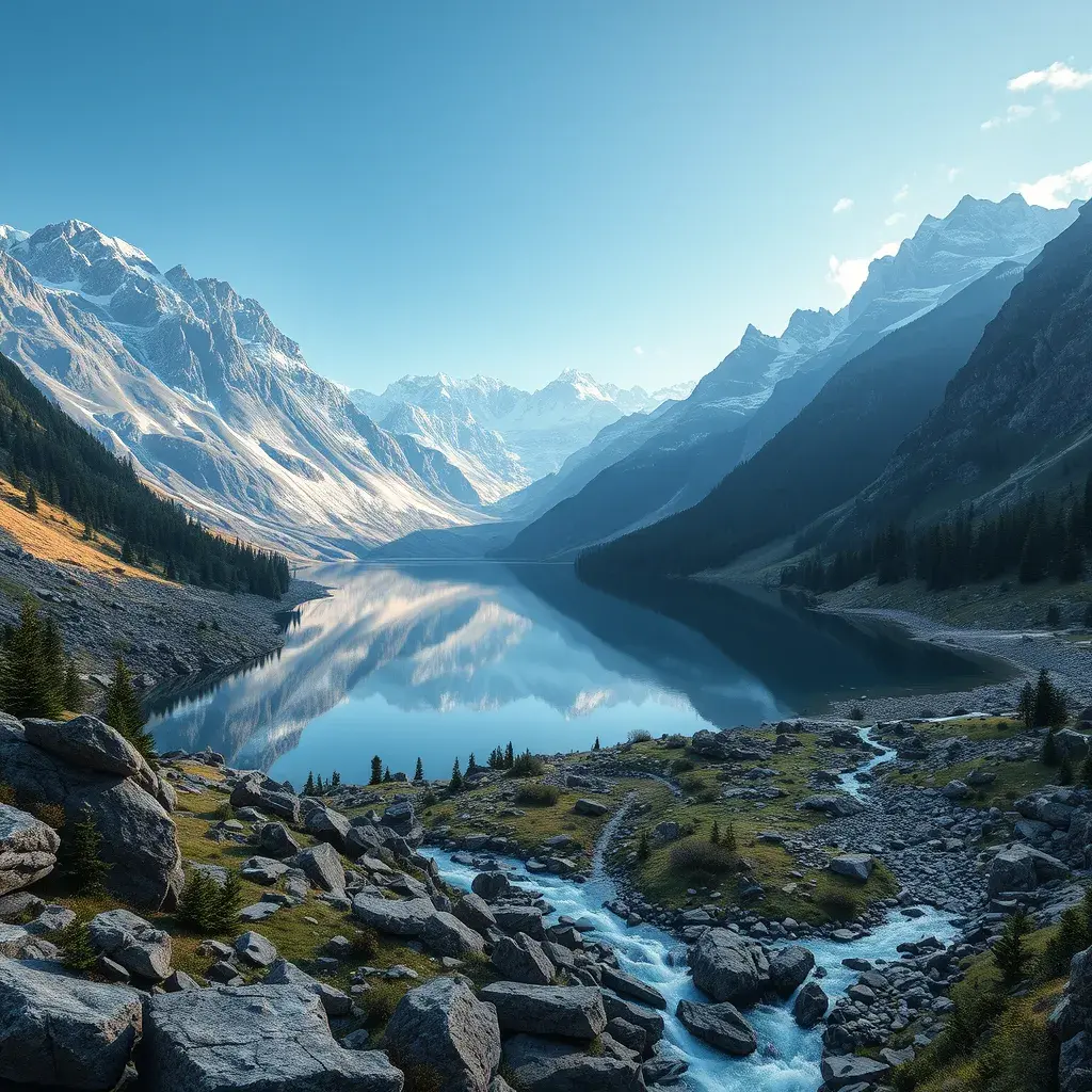 Lake in mountains streams and rivers flow down slopes of mountains and rocks into the valley spring in mountains, 8k, Award-Winning, Highly Detailed, Beautiful, Octane Render, Unreal Engine, Radiant, Volumetric Lighting by Greg Rutkowski