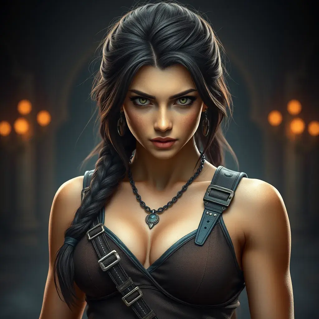 Alluring full body portrait of a beautiful Lara Croft ready for battle, 8k, Highly Detailed, Intricate, Photo Realistic, Sharp Focus, Volumetric Lighting, Fantasy, Elegant