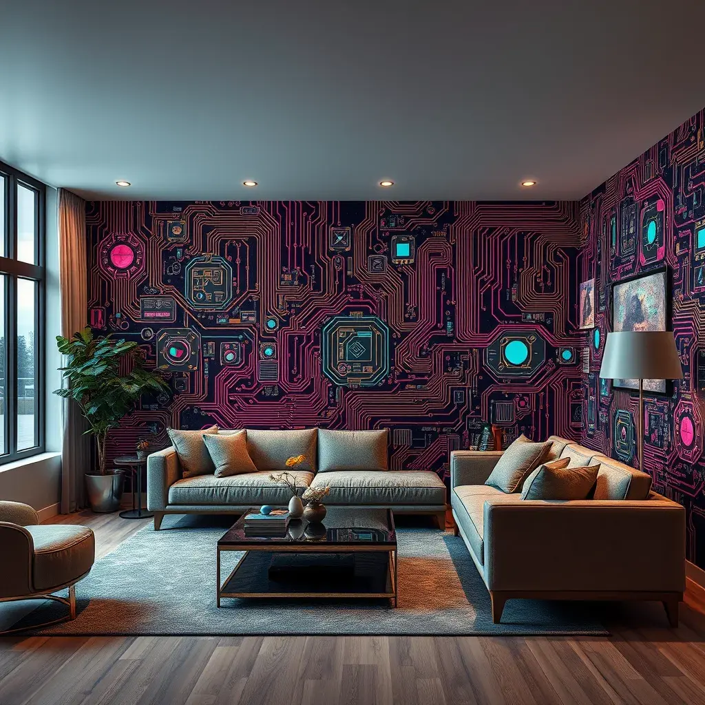 Imagine a modern and technology-inspired living room with a unique twist. The centerpiece of the room is a striking circuit board interior wallpaper that covers one wall. The wallpaper features intricate circuit board diagrams, electronic symbols, and vibrant metallic tones, Vintage Illustration, Retro-Futurism, Sci-Fi by Stefan Kostic