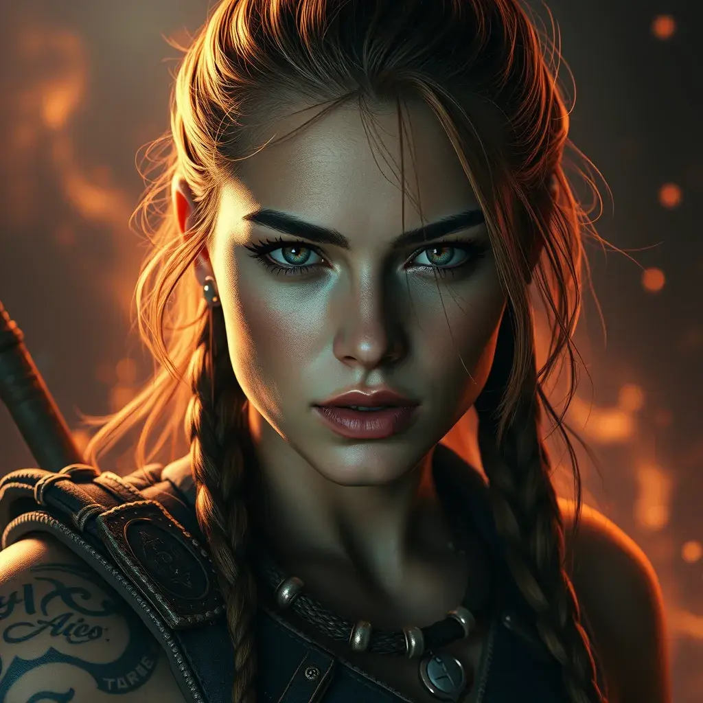 Matte portrait of Aloy with tattoos, 8k, Highly Detailed, Powerful, Alluring, Artstation, Magical, Digital Painting, Photo Realistic, Sharp Focus, Volumetric Lighting, Concept Art by Stanley Artgerm Lau, Alphonse Mucha, Greg Rutkowski