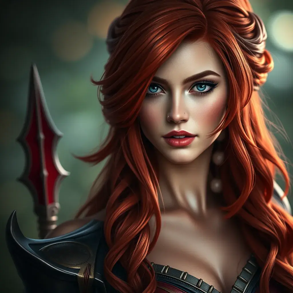 Alluring portrait of a beautiful red haired Katarina from League of Legends, Highly Detailed, Full Body, Bokeh effect, Photo Realistic, Sharp Focus by Stefan Kostic