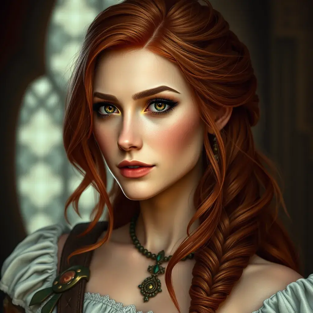 Alluring full body portrait of a beautiful Triss Merrigold in Witcher 3 style, 8k, Highly Detailed, Intricate, Photo Realistic, Sharp Focus, Volumetric Lighting, Fantasy, Elegant