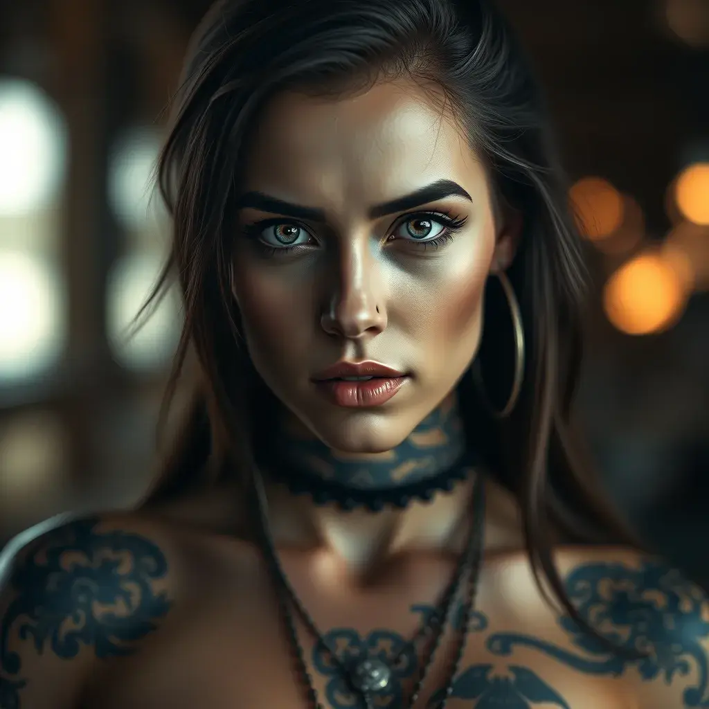 Matte portrait of Morgana with tattoos, Highly Detailed, Alluring, Bokeh effect, Photo Realistic, Sharp Focus, Volumetric Lighting