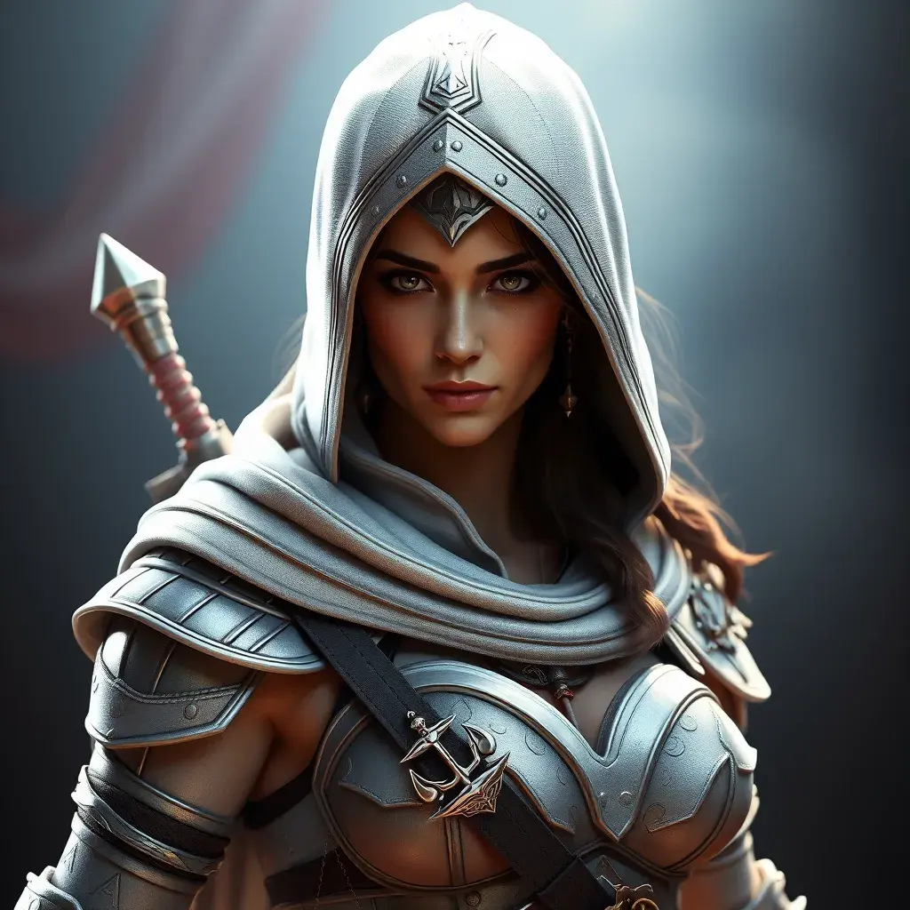 Kassandra from Assassins Creed in white armor, 8k, Highly Detailed, Artstation, Beautiful, Digital Illustration, Sharp Focus, Unreal Engine, Concept Art