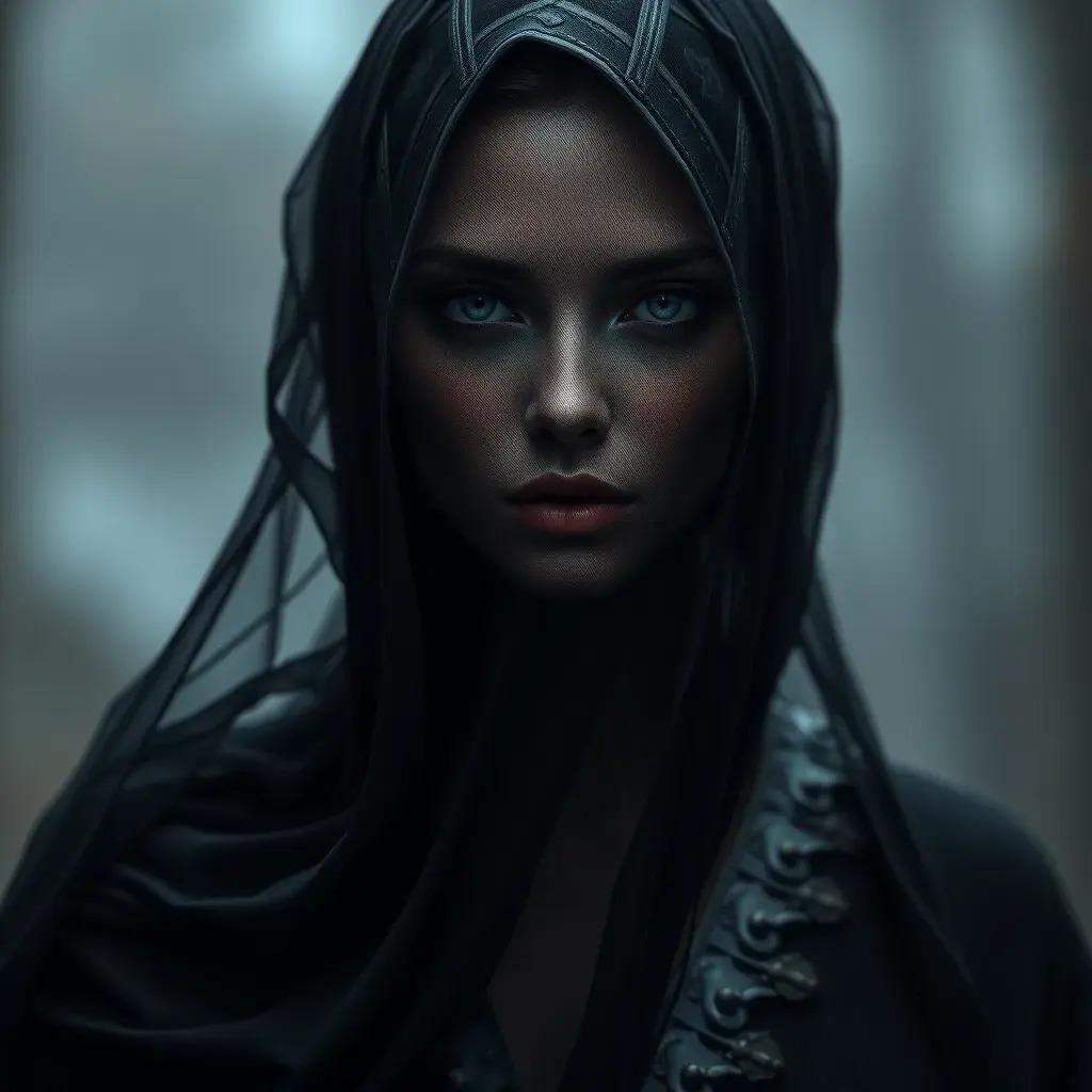 An alluring beautiful veiled Yennefer wearing a black veil, perfect face, Intricate, Half Body, Volumetric Lighting