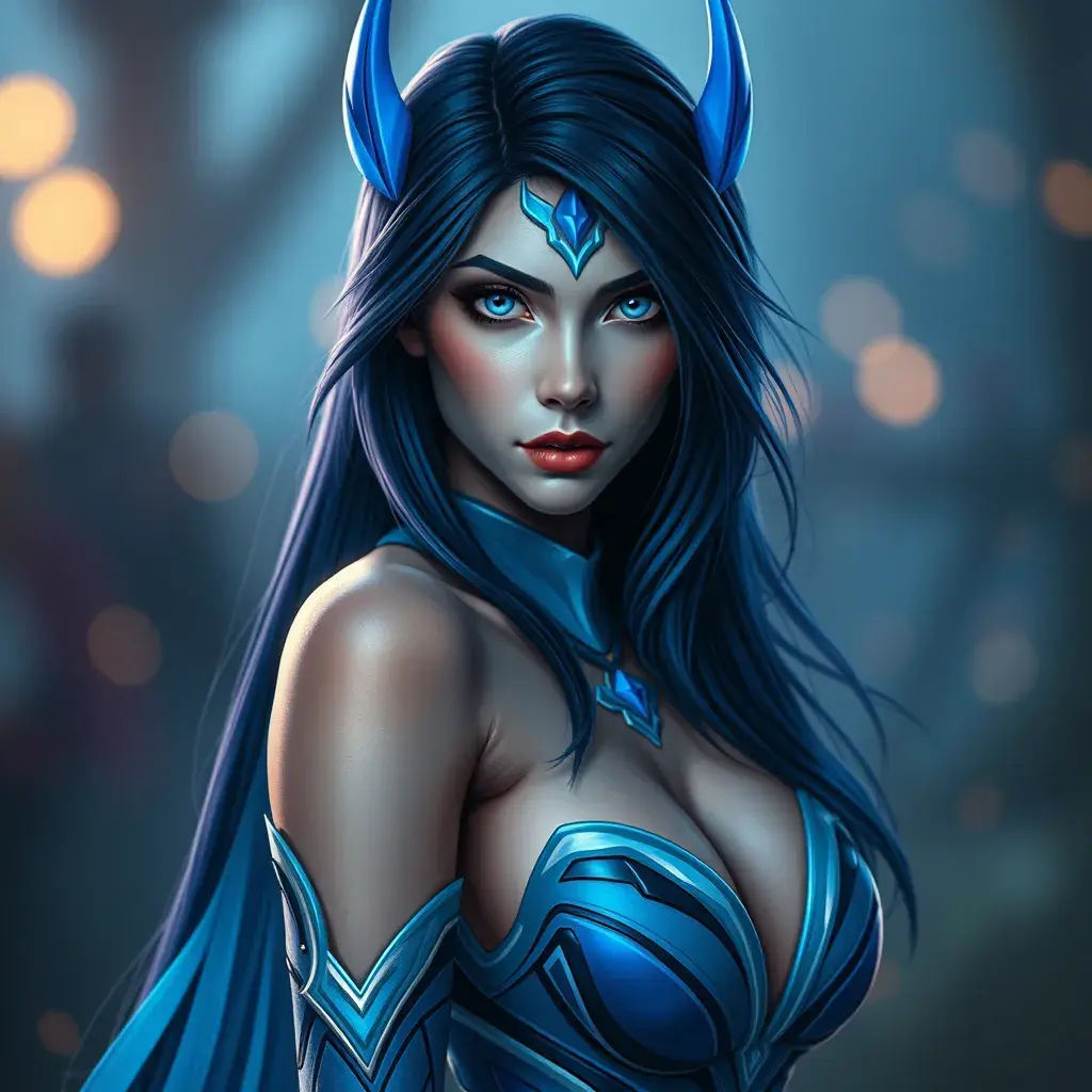 Alluring matte portrait of a beautiful Irelia from League of Legends in Blue, Highly Detailed, Full Body, Bokeh effect, Photo Realistic, Sharp Focus by Stefan Kostic