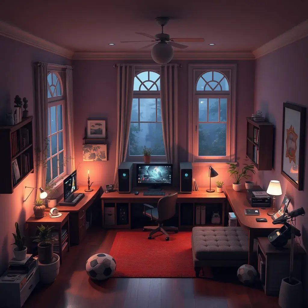 Nostalgic bedroom with a gaming pc, windows, plants bookshelves, desk, 3d art, muted colors, perfect lighting, night time, Highly Detailed, Behance, Isometric, 3D Rendering, Concept Art by Greg Rutkowski