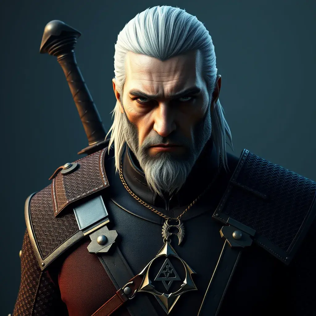 A full body matte portrait of Geralt in The Witcher 3 style wearing the Witcher emblem and medallion, Highly Detailed, Cinematic Lighting, Sharp Focus, Volumetric Lighting by Stefan Kostic