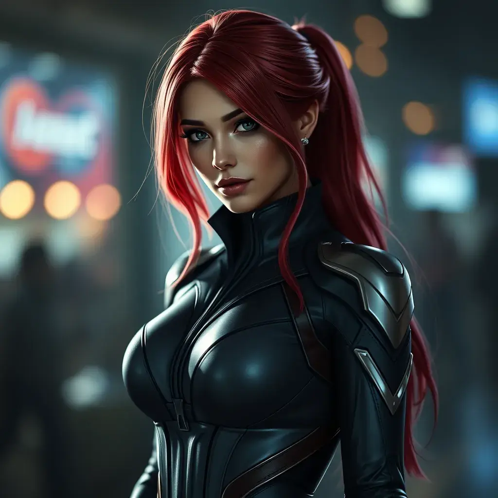 Alluring portrait of a beautiful Katarina from League of Legends in a tight suit, Highly Detailed, Full Body, Bokeh effect, Photo Realistic, Sharp Focus by Stefan Kostic