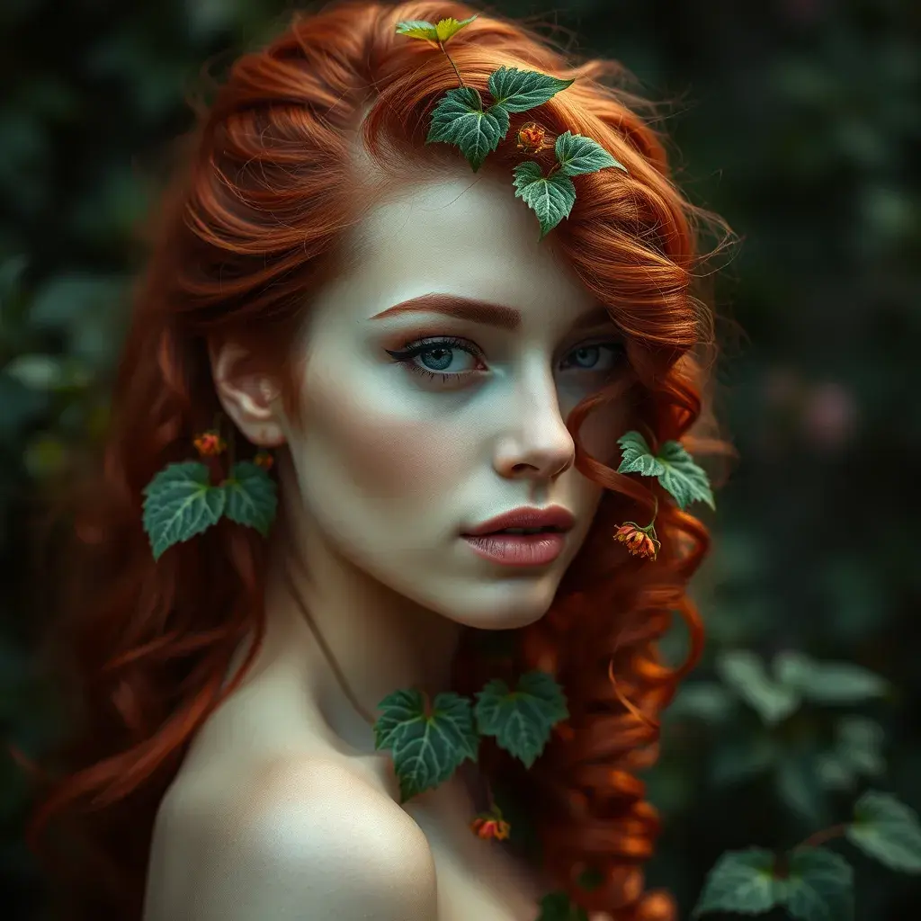 An alluring beautiful red headed Poison Ivy, Intricate, Half Body, Photo Realistic