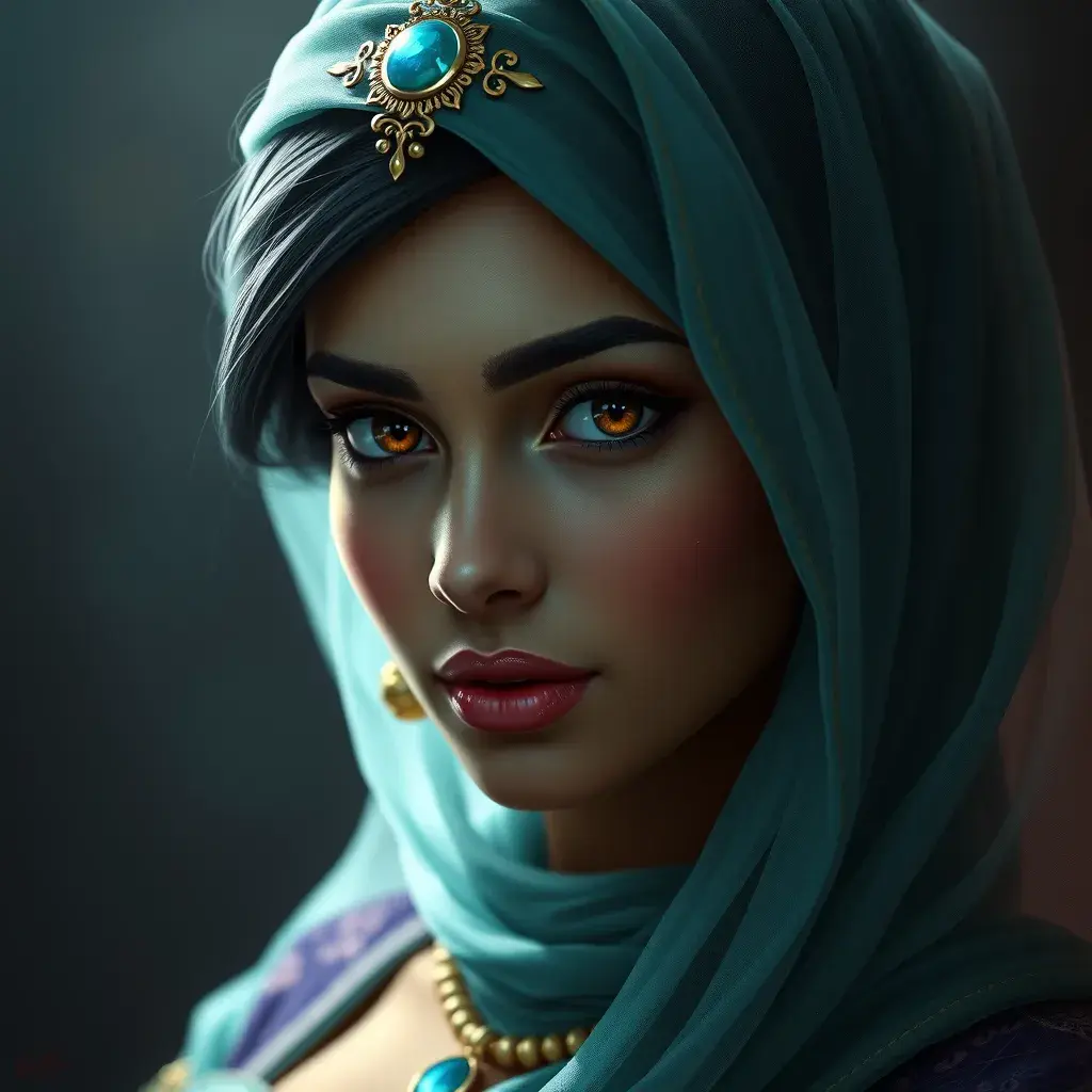 Alluring matte portrait of Princess Jasmine in the style of Stefan Kostic, 4k, 4k resolution, 8k, HD, High Definition, High Resolution, Highly Detailed, HQ, Hyper Detailed, Intricate Artwork, Ultra Detailed, Digital Painting, Matte Painting, Realistic, Sharp Focus, Dim light, Fantasy