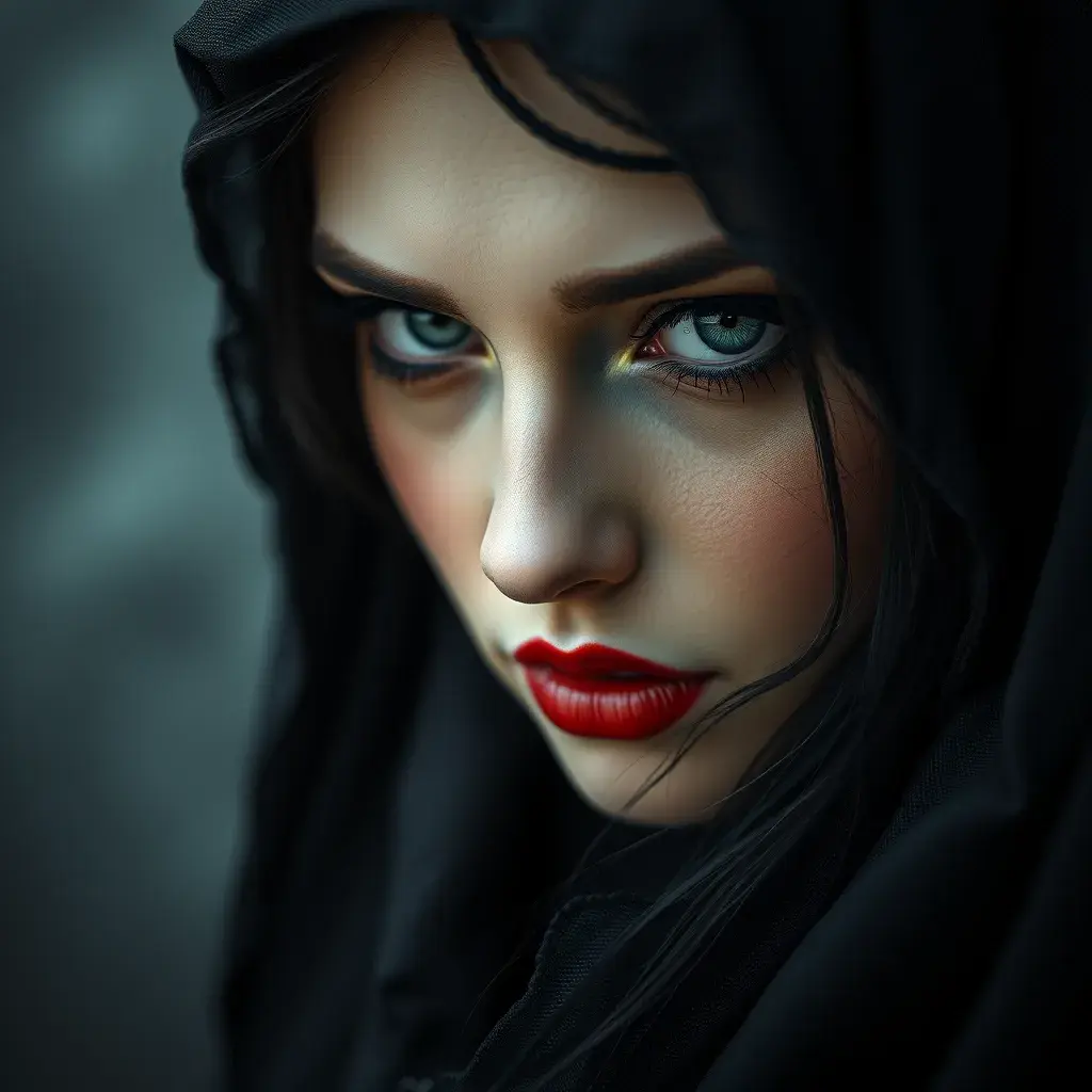 Alluring portrait of a beautiful raven black haired veiled vampire in the style of Stefan Kostic, 8k, High Definition, Highly Detailed, Intricate, Half Body, Realistic, Sharp Focus, Fantasy, Elegant