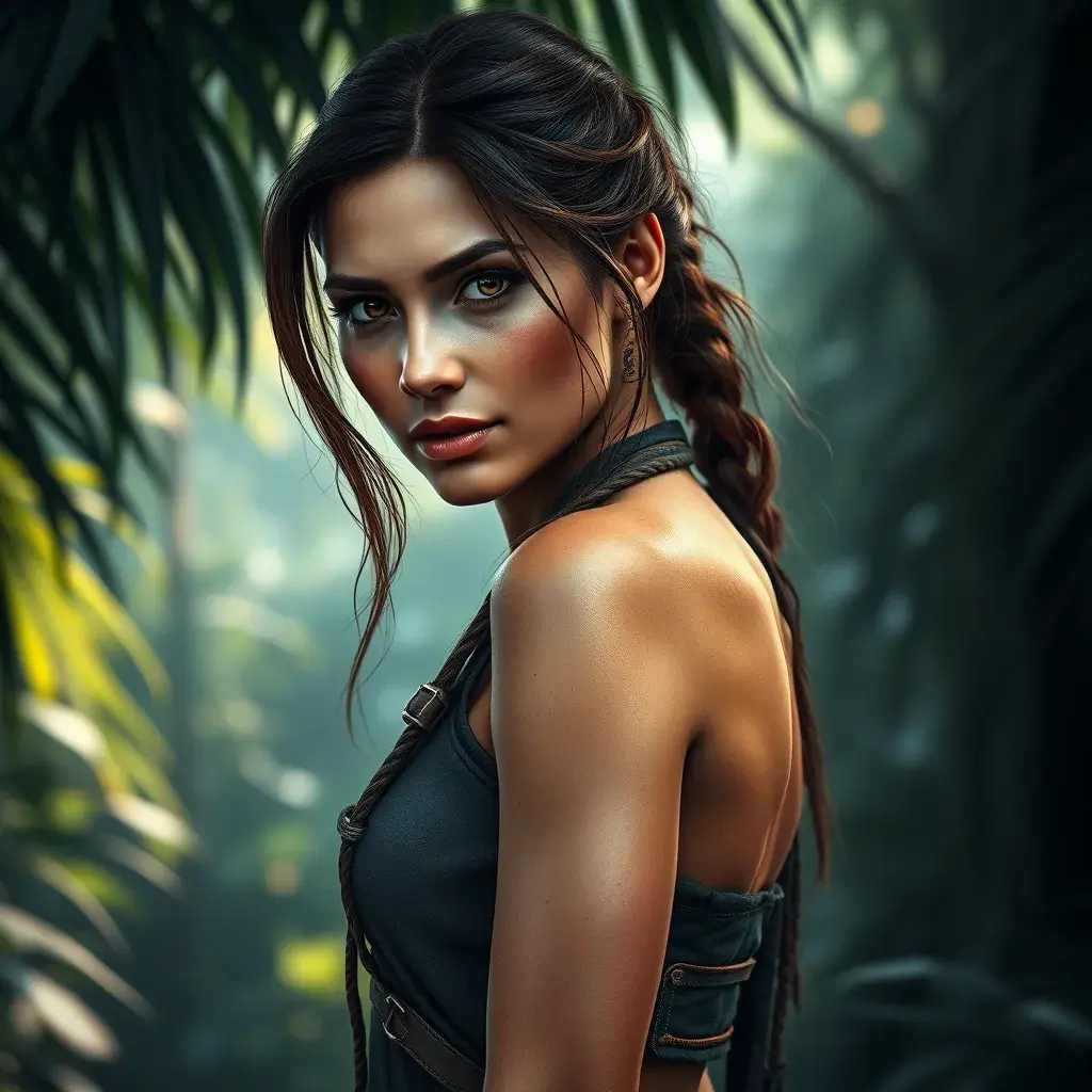 Alluring full body portrait of a beautiful Lara Croft in the jungle ready for another adventure, 8k, Highly Detailed, Intricate, Photo Realistic, Sharp Focus, Volumetric Lighting, Fantasy, Elegant