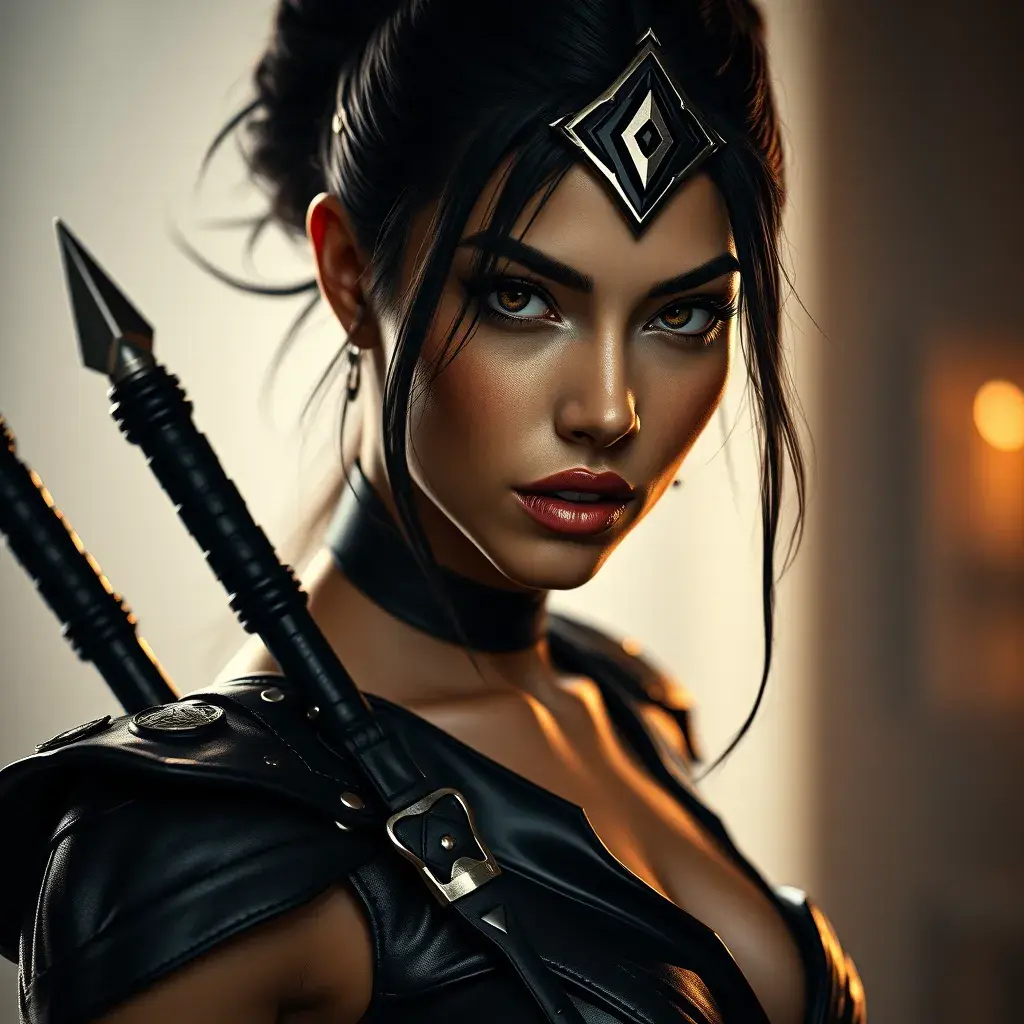 Alluring matte portrait of a beautiful Akali in black leather, 8k, Highly Detailed, Intricate, Half Body, Realistic, Sharp Focus, Volumetric Lighting, Fantasy, Elegant by Stanley Artgerm Lau, Alphonse Mucha, WLOP, Stefan Kostic