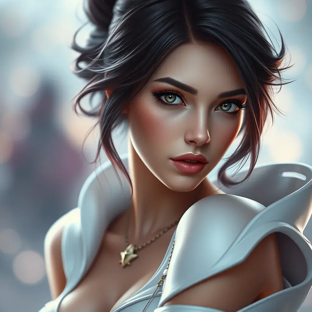 Alluring portrait of a beautiful Fiora from League of Legends in White, Highly Detailed, Half Body, Bokeh effect, Photo Realistic by Stefan Kostic