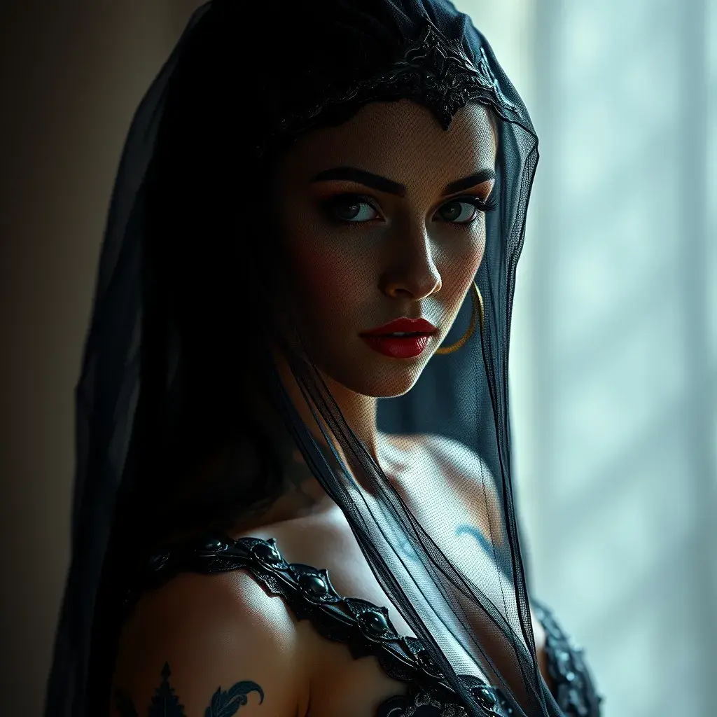 An alluring beautiful veiled Nidalee wearing a black veil, Intricate, Half Body, Volumetric Lighting, Elegant