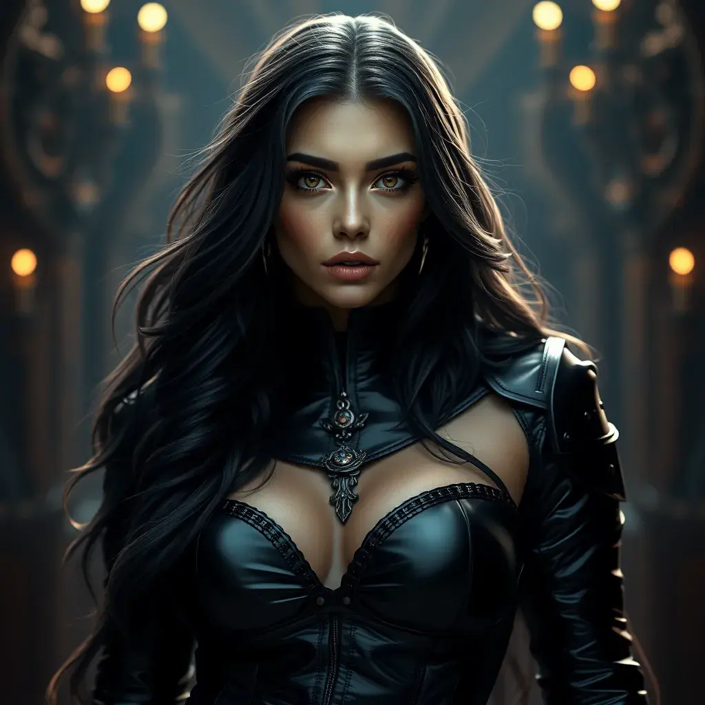 Alluring matte full body portrait of a beautiful Irelia wearing black leather, 8k, Highly Detailed, Intricate, Realistic, Sharp Focus, Volumetric Lighting, Fantasy, Elegant by Stanley Artgerm Lau, WLOP