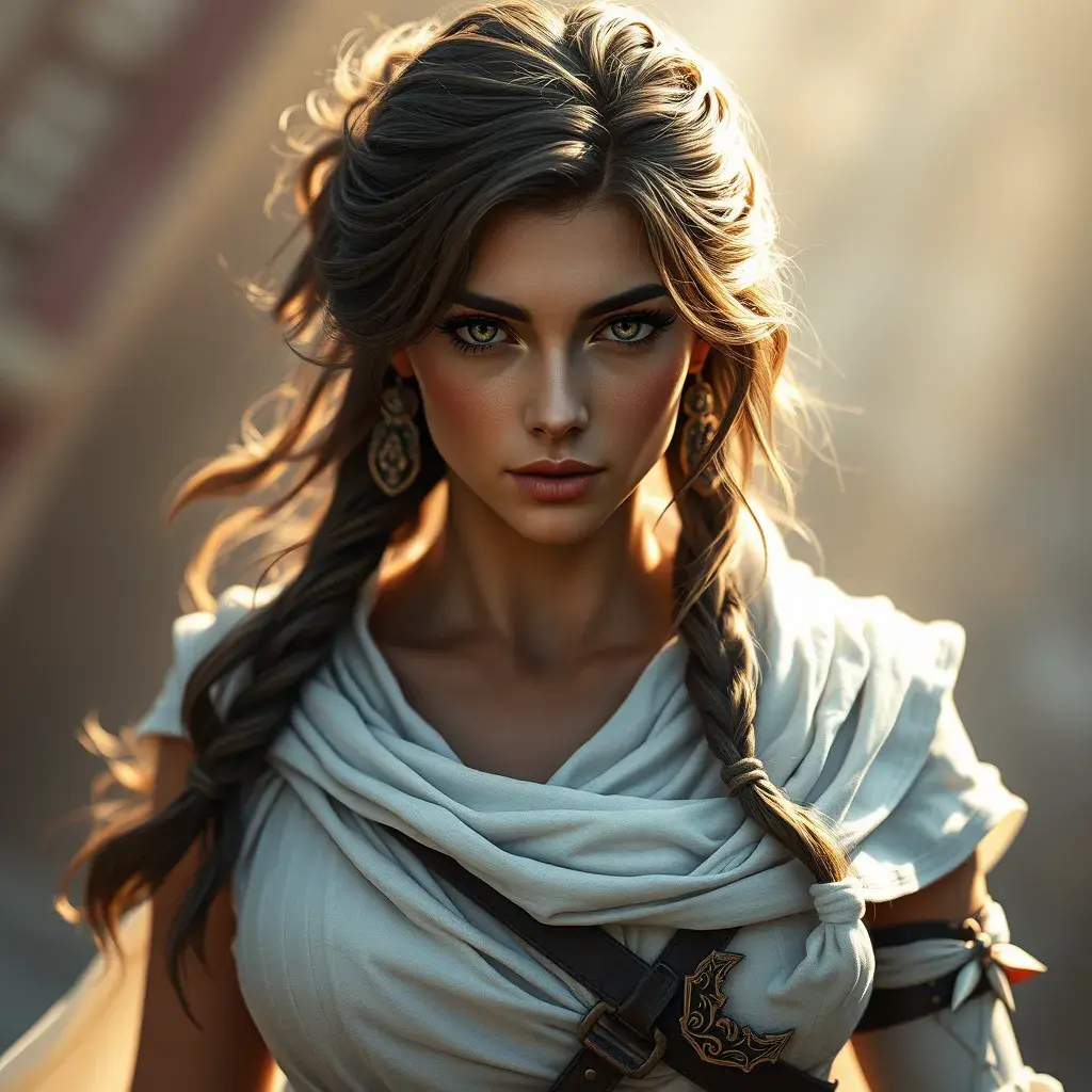 A beautiful Kassandra in white Assassin's Creed style, 8k, Highly Detailed, Intricate, Half Body, Realistic, Sharp Focus, Volumetric Lighting, Fantasy, Elegant