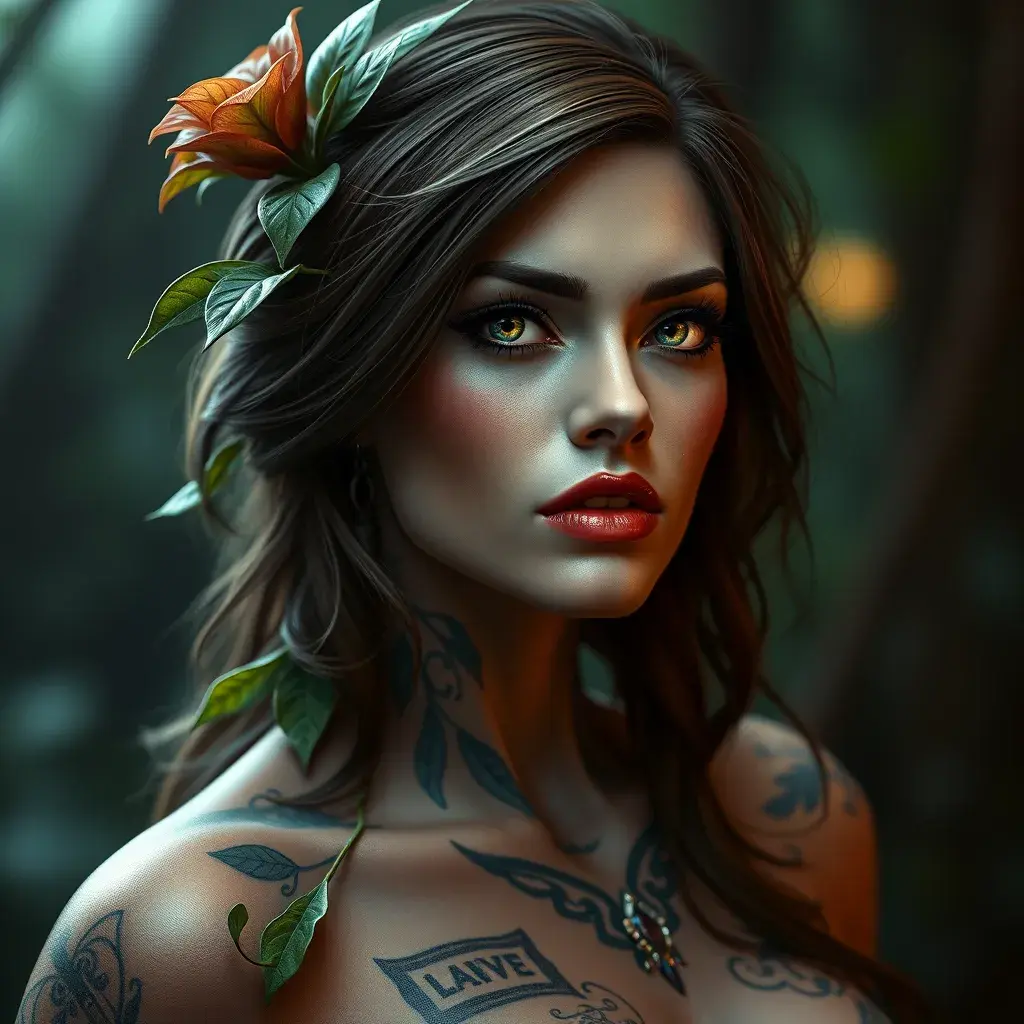 Matte portrait of Poison Ivy with tattoos, 8k, Highly Detailed, Alluring, Artstation, Bokeh effect, Sharp Focus, Volumetric Lighting, Concept Art by Stanley Artgerm Lau, Greg Rutkowski