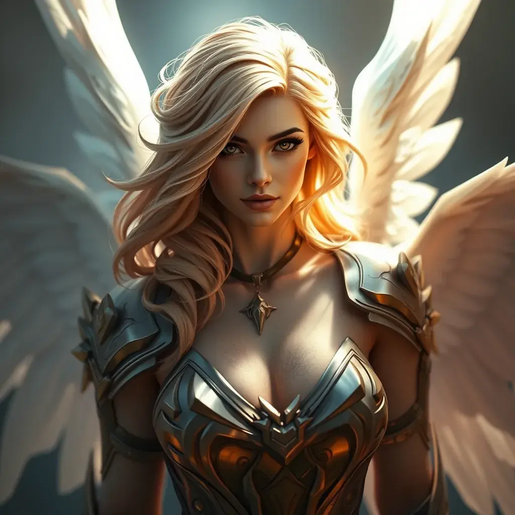 Alluring portrait of an angelic winged Kayle from League of Legends, 8k, Highly Detailed, Half Body, Photo Realistic, Sharp Focus, Octane Render, Unreal Engine, Volumetric Lighting, Fantasy by Stanley Artgerm Lau, Alphonse Mucha, WLOP