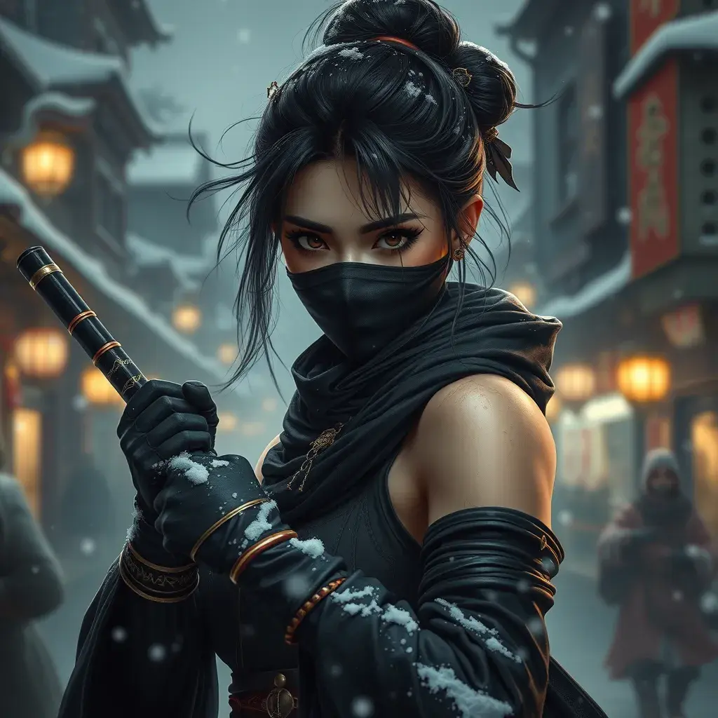 Mysterious beautiful armed kunoichi ninja wearing eyeliner and gold jewelry in the streets of a dark snowy town, 8k, Intricate Details, Trending on Artstation, Beautiful, Stunning, Centered by Stanley Artgerm Lau, WLOP