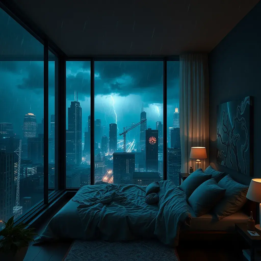 Beautiful cozy bedroom with floor to ceiling glass windows overlooking a cyberpunk city at night, thunderstorm outside with torrential rain, High Resolution, Highly Detailed, Darkwave, Gloomy by Stefan Kostic