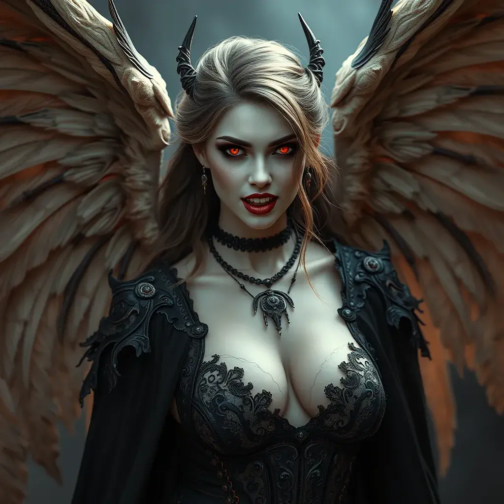 A beautiful winged romanian vampire woman with fangs, red eyes, Intricate Details, Masterpiece, Full Body, Gothic, Photo Realistic, Deviantart, Volumetric Lighting