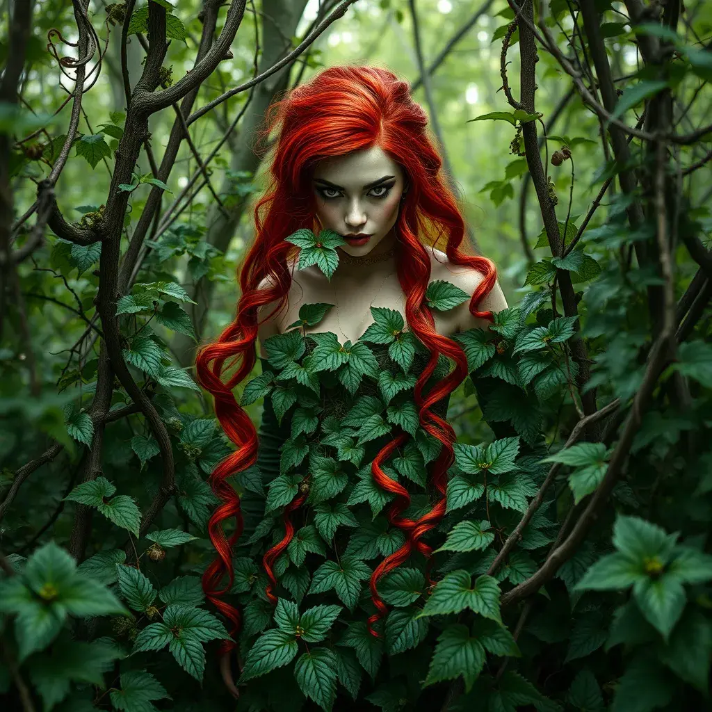 An fierce red headed Poison Ivy in an ivy forest, Intricate, Half Body, Photo Realistic